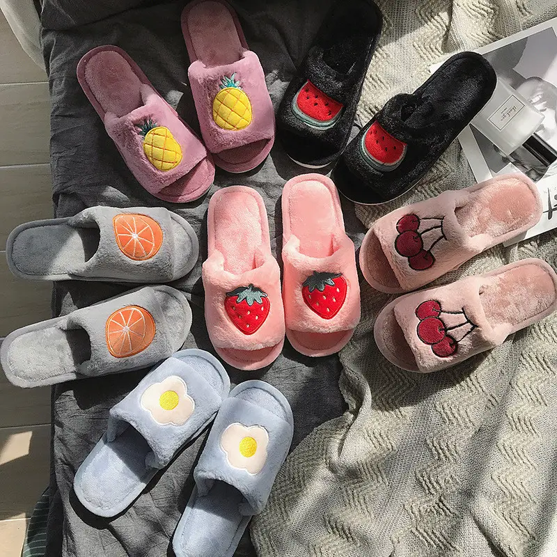 New Women Cartoon Slippers Cute Fruits Cherry Strawberry Winter Warm Slippers Indoor Home Shoes Stuffed Plush Flip Flops