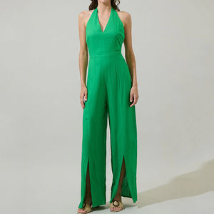 Mono de lino transpirable de alta calidad, lujoso y a la moda, con cuello halter en V profundo, holgado y de pierna ancha, personalizable. - Product Image 4