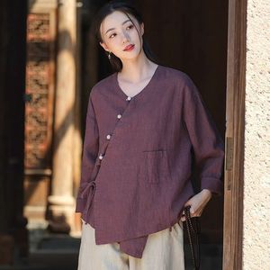Women's Cotton Linen Shirt V-Neck Wrap Tie Long Sleeve Chinese Zen Style Top Maben Dark Green Everyday Wear - Product Image 3