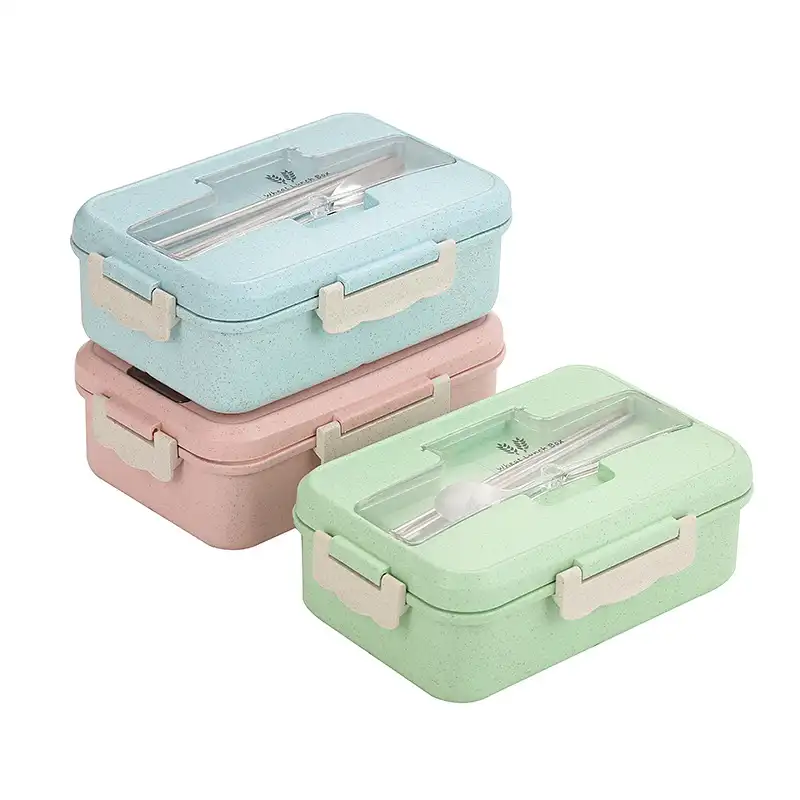 Popular Microwave Safe Bento Box Adult Or Kids 3 Compartment Food Container Divided Rectangle Three Layer Wheat Straw Lunch Box