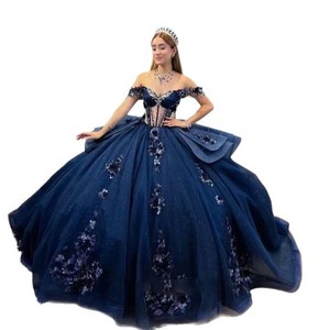 S3953L 2026 Abito <span class=keywords><strong>da</strong></span> Cerimonia Blu Navy con Applicazioni, Spalle Scoperte, Gonna Principessa in Tulle Colorato e Vaporoso, Vestito <span class=keywords><strong>da</strong></span> <span class=keywords><strong>Sera</strong></span> - Product Image 5