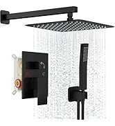 Système de douche à effet pluie noir avec panneau de douche carré à main et robinet mural dissimulé pour appartement ou hôtel