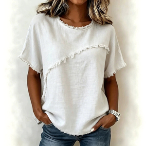 Women's Linen O-Neck Short Sleeve Bohemian T-Shirt Asymmetric Casual <b>Fringe</b> Loose Fit Solid Color Spring Summer <b>Top</b> - Product Image 4