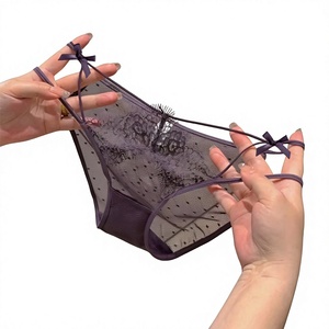 Culottes en dentelle à pois pour femmes, avec double lanière fine et détail nœud, taille basse, sous-vêtements féminins sexy transparents, vente en gros - Product Image 4