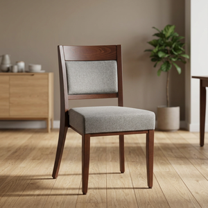 Chaise de salle à manger moderne en bois avec assise et dossier rembourrés en tissu gris, structure en bois massif finition noyer, chaise de cuisine pour la maison - Product Image 1