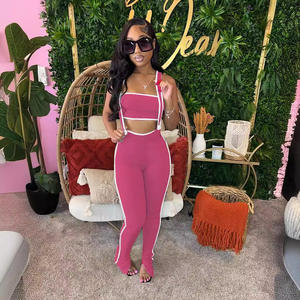 Benutzer definiertes Logo Sommer Damen Patchwork Casual Set Frauen Träger lose Tube Crop Top Frauen 2 Stück Hosen Outfits - Product Image 3