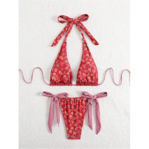FOXA Women's 2 Piece Floral Plaid Halter <b>Bikini</b> <b>Set</b> With Bowknot Side Ties Stretch Swimwear - Product Image 4