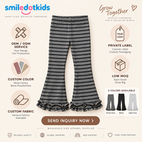 Smiledotkids Pantalons évasés personnalisés pour enfants, gris rayé, ourlet à volants, tricot côtelé, OEM ODM, vente en gros pour tout-petits