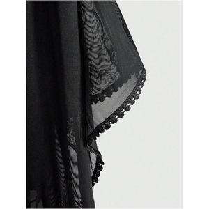 Women's Goth Tassel <b>Kimono</b> Boho Fringe Sheer Mesh Batwing Sleeve Asymmetric Cover Up Swimwear Poncho Cardigan Top - Product Image 5