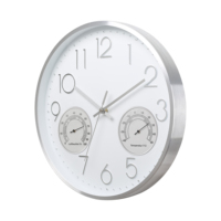 Horloge murale silencieuse à quartz en métal blanc moderne de 14 pouces avec thermomètre et hygromètre, chiffres 3D pour l'intérieur d'un appartement
