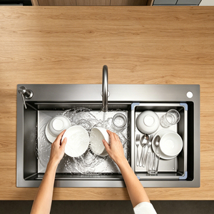 Lavello da <span class=keywords><strong>Cucina</strong></span> Coreano Standard in Acciaio Inox 304, Montaggio Superiore, Vasca Singola, Nero Opaco, con Dimensioni Personalizzabili e Vari Accessori - Product Image 2