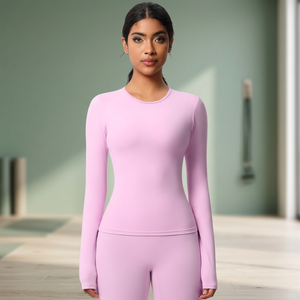 Women's Long Sleeve Crew <b>Neck</b> Yoga Set Solid <b>Light</b> Purple Athletic Top And Leggings Wholesale Custom LOGO Print Design Supplier - Product Image 3