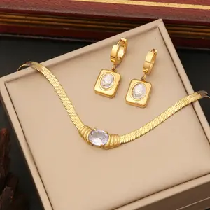Ready to Ship 2024 Statement Stainless Steel Jewelry Necklace Bracelet And Earrings Set Crystal Earrings Necklace Set For Women