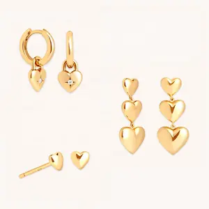 925 Sterling Sliver Wholesale Fashion Jewelry Trendy 14K/18K Gold Plated Chunky Statement Love Puffed Heart Charm Earrings Women