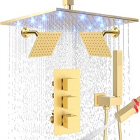Ensemble de robinetterie de douche thermostatique haut de gamme à 3 poignées, pomme de douche LED de 12 pouces, deux douches de 6 pouces, finition or brossé