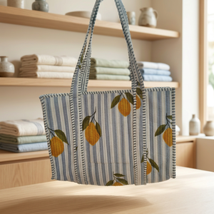 Bolsa de Mano de Algodón a Rayas Azul Cielo de Diseño Moderno con Estampado de Limones, Estilo Bohemio, Casual de Verano, Abierta, para Compras, para Mujer - Product Image 3