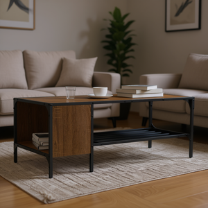 <b>Brown</b> Oak Coffee <b>Table</b> With Metal Accents Medium Size Industrial Modern Living Room Furniture - Product Image 2