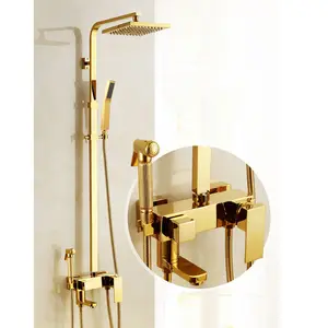 European Hot Sale Luxury Antique Gold Brass Wall Mounted Four Gear Thermostatic Shower Set Bathroom Rain Bath & Shower Faucets