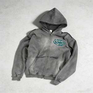 Sweat à capuche zippé pour homme, déchiré et vieilli, imprimé en relief délavé à l'acide, fil métallique, en molleton français 500G 100% coton - Product Image 6