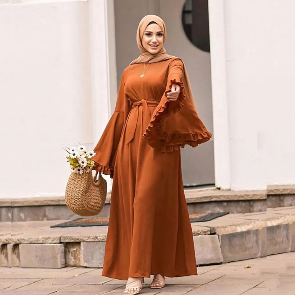 Ultime progettazioni Abito musulmano lungo Abito lungo Abito da donna Dubai islamico abbigliamento modesto da sera con maniche arruffate in Chiffon Abito Abaya
