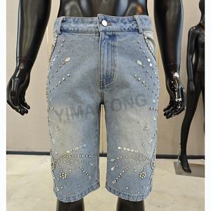 Fabricante de ropa de calle personalizada desgastado Vintage ácido lavado holgado Rhinestone Jorts Denim Jeans Shorts para hombres - Product Image 2