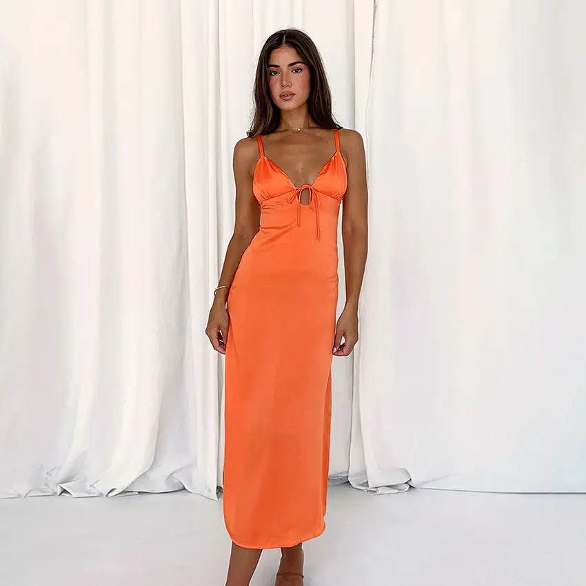 Summer French Holiday Sexy Dress Women Ladies Elegant V Neck Spaghetti Strap Lacing Orange Slim Satin Maxi Dress