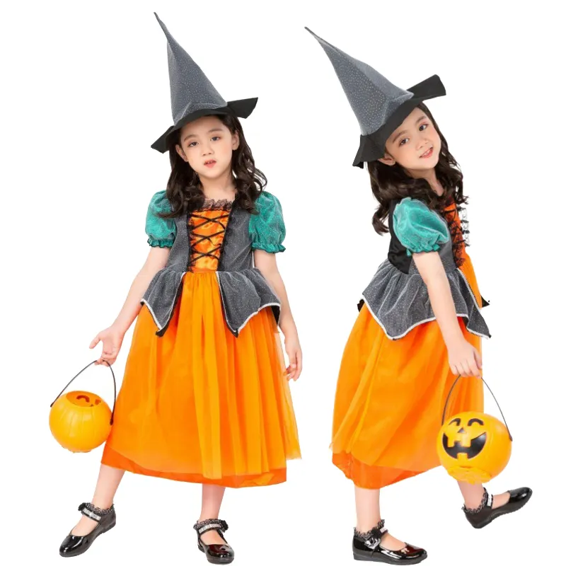 Halloween Pumpkin Costume Dress with Hat For Girls Fancy Anime Costume little Princess Dress Party Performance