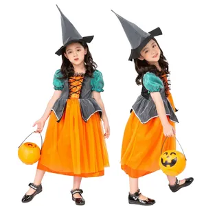 Halloween Pumpkin Costume Dress with Hat For Girls Fancy Anime Costume little Princess Dress Party Performance