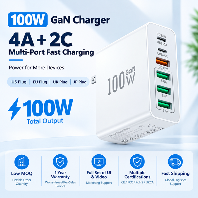 Hot Selling 100W 6 Port USB C Charging Station 2USB-A+4Type-C Fast Desktop Charger Adapter for iPhone Tablet Macbook Laptop