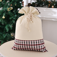 Sac cadeau de Noël à cordon avec bande à carreaux et attache en corde, sac de Père Noël en toile pour les grands cadeaux