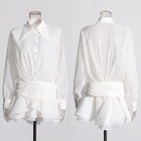Robe Courte Blanche Décontractée à Volants et Taille Froncée pour Femme, Col Revers, Manches Longues, Coupe Ample, Style Vacances et Quotidien, Vente en Gros