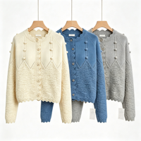 Cardigan court en tricot à col rond avec bord festonné et pompons, en dentelle, pour femme, directement de l'usine