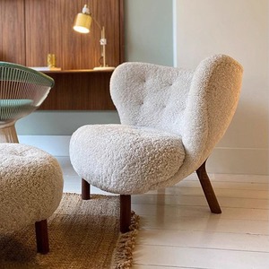Poltrona Singola Little <span class=keywords><strong>Petra</strong></span> in Stile Moderno Minimalista Mid-Century, Tessuto in Lana, Gambe in Legno di Faggio, Colore Crema, Arredamento per Soggiorno - Product Image 3
