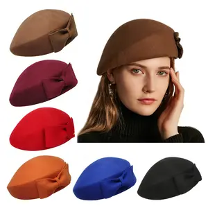 Grosir Cina 2024 mode baru wanita Pillbox topi baret topi wol Fascinator topi kerudung untuk wanita elegan topi baret