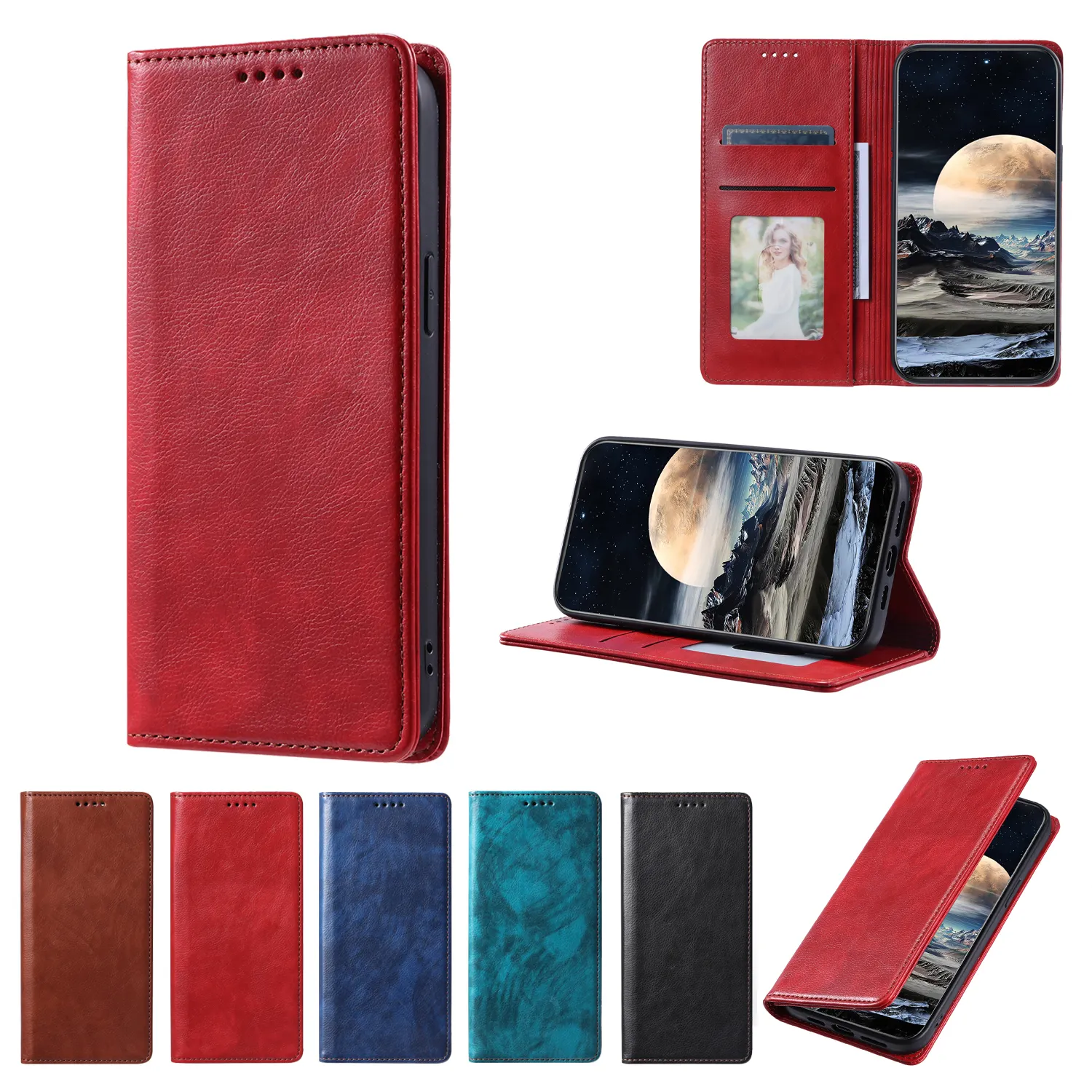 Samsung Galaxy A21s kırmızı Litchi tahıl deri cüzdan cep telefonu kılıf için kart yuvası çanta kapak çevirin