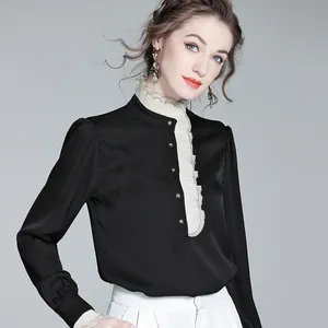 OEM/ODM Palace Style black silk blouses long sleeve tops mulberry sillk ladies office wear tops