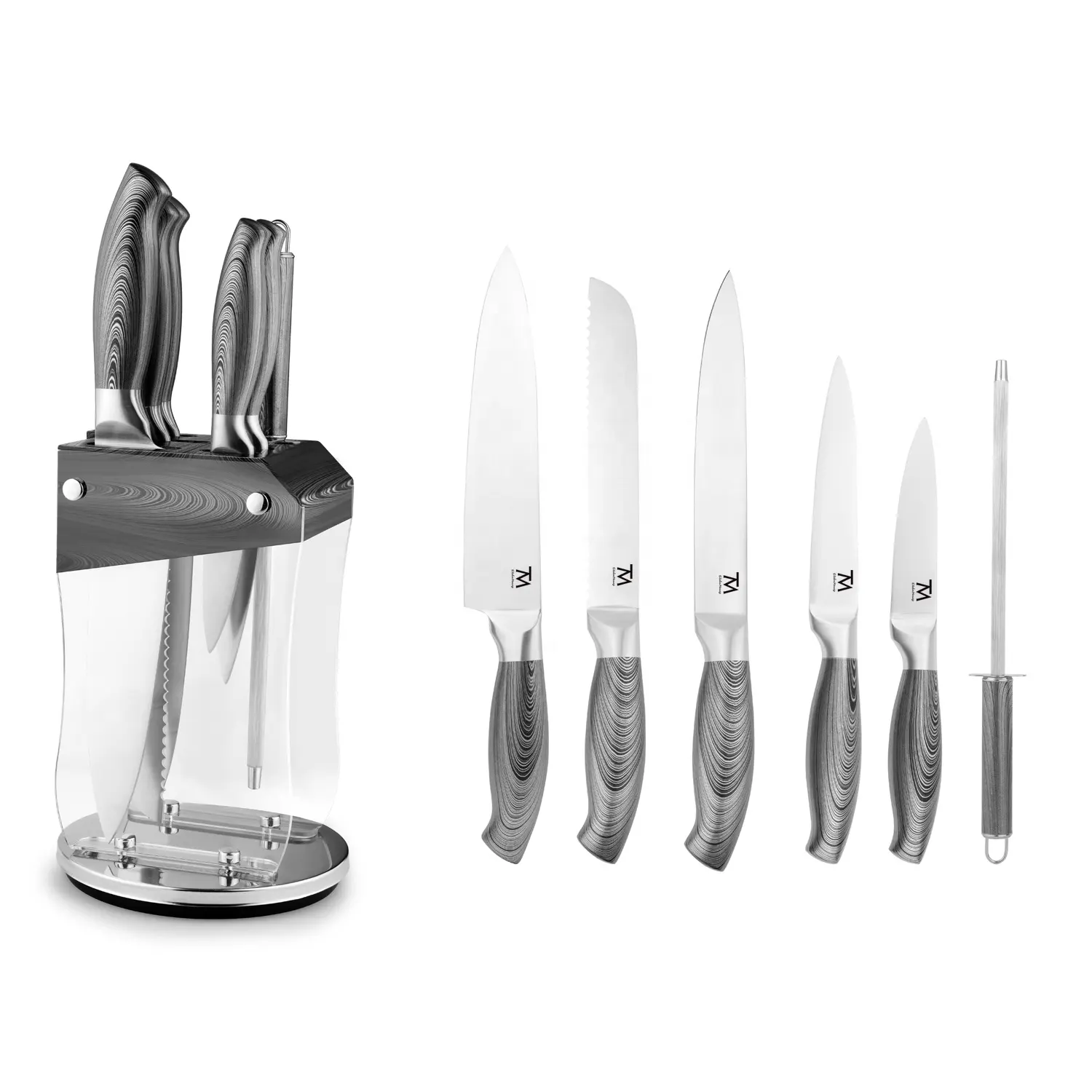 Messer Set pisau dapur 7 buah pisau tidak lengket baja tahan karat kualitas tinggi Set pisau koki ukir kustom dengan pegangan berongga