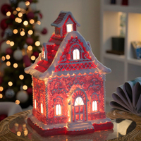 Décoration de Noël créative personnalisée Redeco, figurine de maison de Noël rose, sculpture de maison de Noël en résine avec lumières