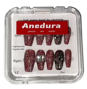 Groothandel Op Maat Luxe Bling Stones Abs Pers Op Nagels Medium Helder Rood Franse Tip Manicure Acryl Stick Nagels