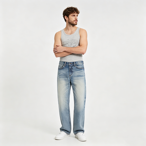<span class=keywords><strong>Jeans</strong></span> en denim décontracté vintage Basic Nevada pour homme, coupe droite ample, 100 % coton, délavage Monkey Wash, avec <span class=keywords><strong>rivets</strong></span> - Product Image 1
