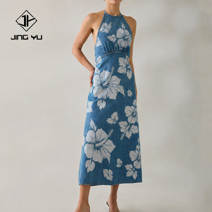 Cantidad mínima de pedido: Vestido maxi vaquero con estampado playero, cuello alto y espalda descubierta, vestido hawaiano de mezclilla de algodón de alta calidad - Product Image 1
