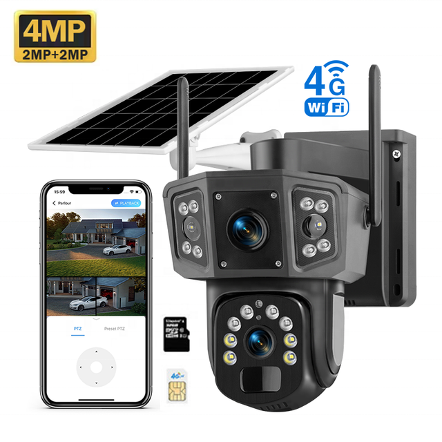 V380 Waterproof PTZ Camera Intelligent Solar Energy Alert PIR Motion Detection 4G Connectivity Multiple Lens for Surveillance