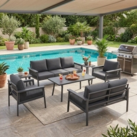Ensemble de canapés d'extérieur modernes en aluminium et rotin tressé 7 places avec table basse à lattes pour villa, jardin, parc et hôtel
