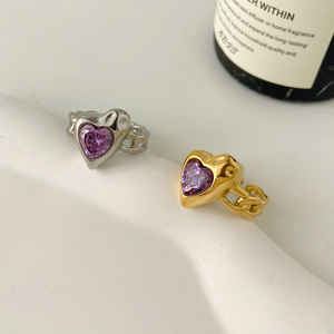 Hip Hop Contrast viola verde a forma di cuore anello in rilievo gioielli in acciaio inossidabile placcato martello modello anello a catena in oro per le donne - Product Image 5