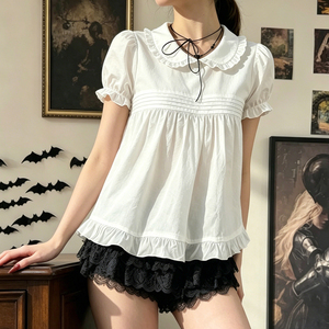 Blusa Linda y Dulce Estilo Babydoll de Manga Corta con Cuello Camisero, Corte Holgado, Cintura Alta y Color Sólido para Mujer - Product Image 5