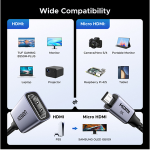 <span class=keywords><strong>Adaptateur</strong></span> Micro <span class=keywords><strong>HDMI</strong></span> vers <span class=keywords><strong>HDMI</strong></span> UGREEN 8K 60Hz 3D <span class=keywords><strong>pour</strong></span> GoPro Hero 7 Raspberry Pi 4 Sony Nikon avec câble <span class=keywords><strong>HDMI</strong></span> tressé - Product Image 6