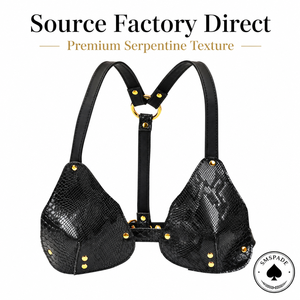 Soutien-gorge harnais en cuir imprimé serpent noir de luxe, texture serpentine, lingerie BDSM avec rivets dorés pour femme - Product Image 5