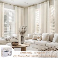 Rideaux semi-transparents 3-en-1 à plis froncés style bohème, avec languettes de fixation, aspect lin, forme moulée par mémoire pour chambre à coucher (e-commerce)