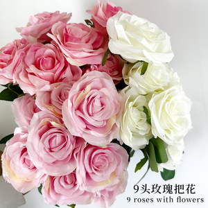 Ramo de Rosas Artificiales de 9 Cabezas, Flores de Seda de 43 cm de Altura, Simulación Realista, Decoraciones para Bodas - Product Image 4