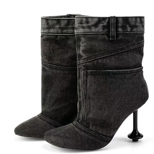 Stivali corti con tacco personalizzato irregolare da <span class=keywords><strong>donna</strong></span> con bottone a punta quadrata in Denim cucito alla caviglia scarpe larghe da palcoscenico firmate - Product Image 4